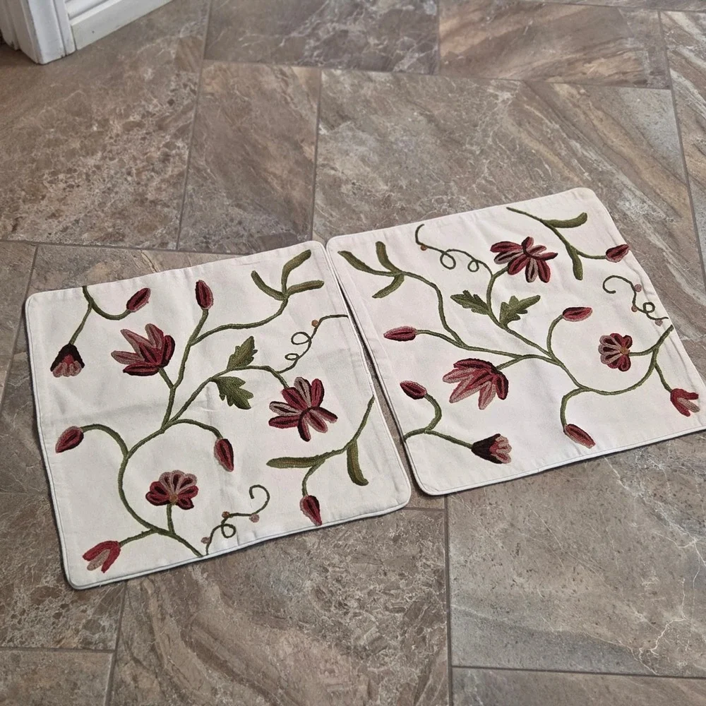 Floral Crewel‎ Embroidered Throw Pillow Covers Set of 2 Cream Burgundy 17.5x17.5